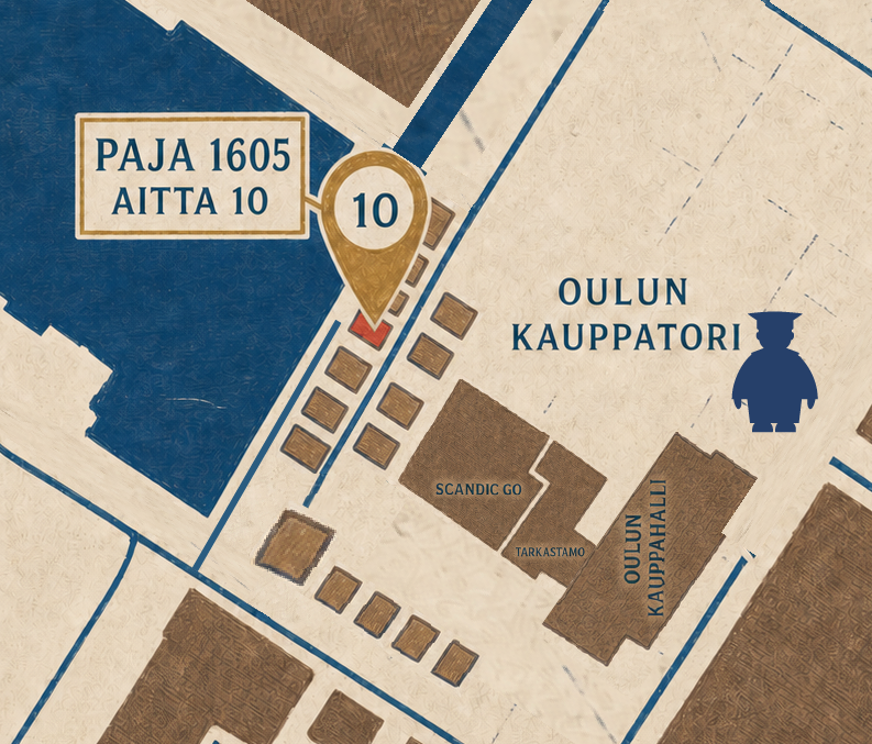 Kartta Paja 1605:n sijainnista Aitta 10:ssä Oulun kauppatorin laidalla